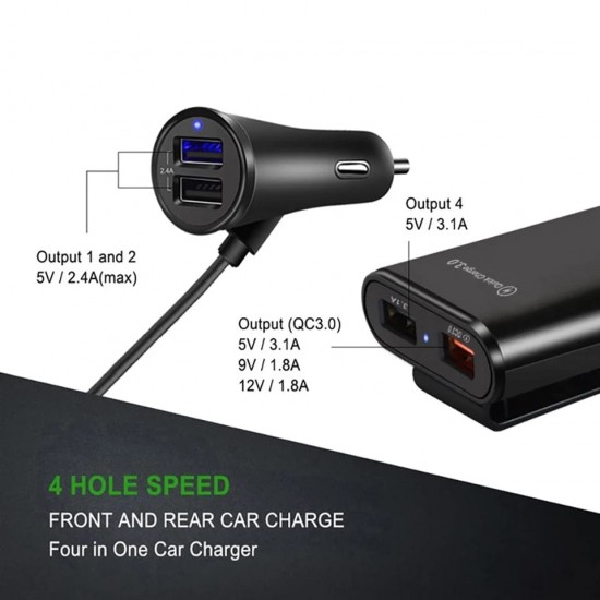 Incarcator auto TarTek Dual USB, 2x 2.4A, 2X3.1A, 1x Quick Charge 3.0, 1.7m, Black