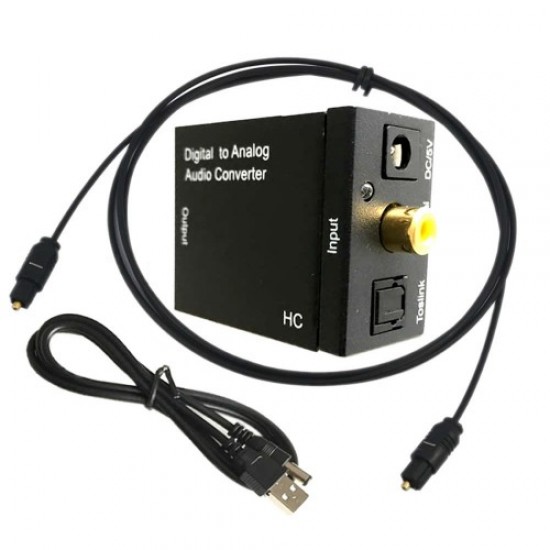 Convertor semnal TarTek, audio digital coaxial / SPDIF toslink la semnal analog RCA L / R, cablu optic si alimentator priza incluse, negru