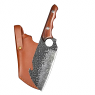 Cutit Viking, Forjat Manual, Patterned, Otel Inoxidabil cu Carbon, Full Tang 27 cm, Maner Lemn Maro, Husa Piele Ecologica, TarTek® 