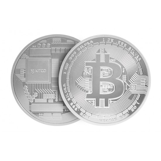 Moneda de colectie Bitcoin, argintie, pentru colectionari